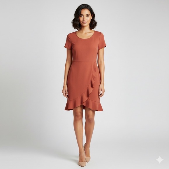 Lark & Ro Dress Women 10 Pink Coral Sheath Mini Short Sleeves‎ Stretch Ruffle - Picture 1 of 6